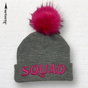 SQUAD Gray and Hot Pink Knit Fur PomPom Hat